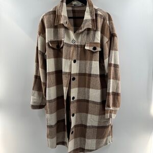 PrettyGarden XL Brown Plaid Button-Front Shacket Coat